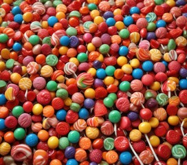 Fototapeta premium Colorful Candy Background with Lollipops and Gummies , chocolate, gummy bear