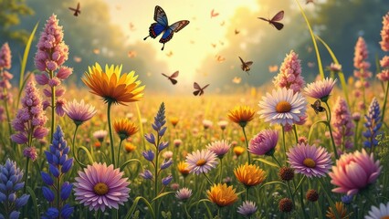 Colorful summer meadow with butterflies and wildflowers in bloom at sunset