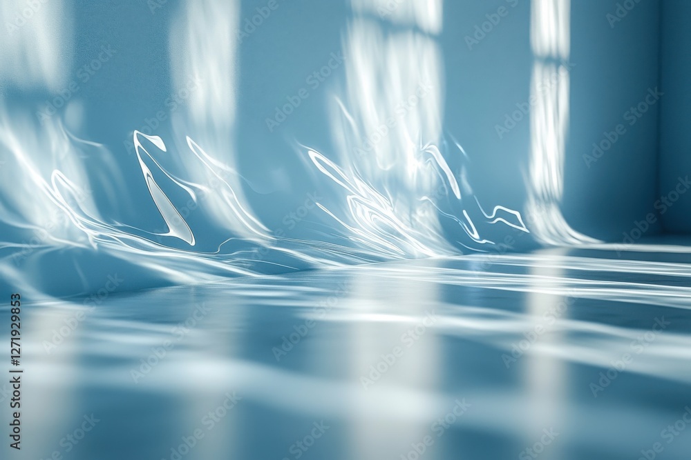 Poster abstract blue room with dynamic light patterns creating a surreal atmosphere and a smooth reflective