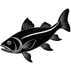 Fototapeta premium Black and White Stylized Trout Illustration , Detailed black and white vector illustration of a trout, featuring bold lines, fins, and speckled body, ideal for fishing-related designs. 