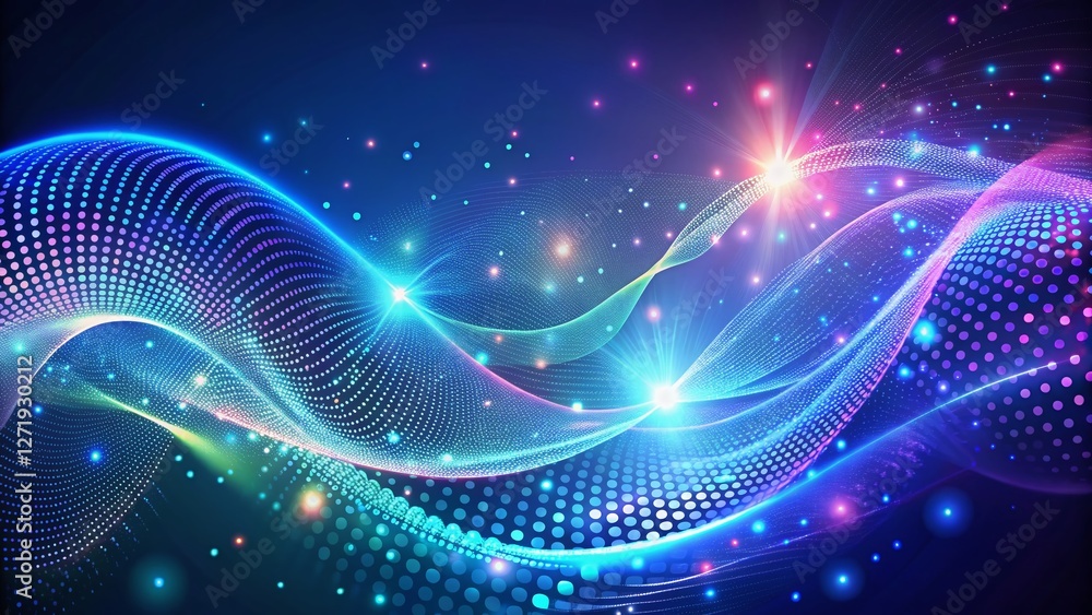 Poster glowing particle wave frame: abstract surreal blue background stock photo
