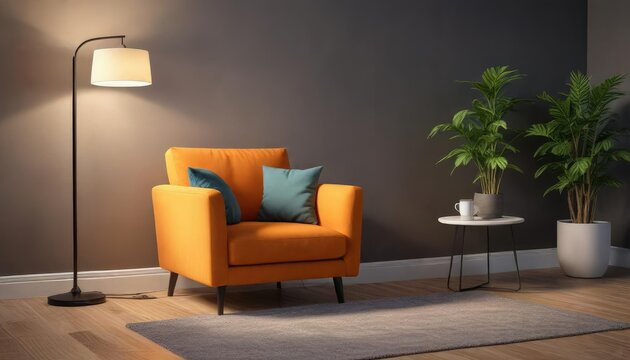 Comfortable armchair with a side table and a floor lamp, cozy corner, relaxation area