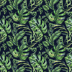 Tropical coconut, banana palm leaves, monstera, monkey mask, frangipani, bright juicy green. Hand drawn watercolor botanical illustration. Seamless pattern on a dark background.