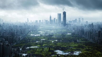 Futuristic Cityscape Under a Grey Sky