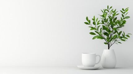 Minimalist home office, white cup, plant, calm background