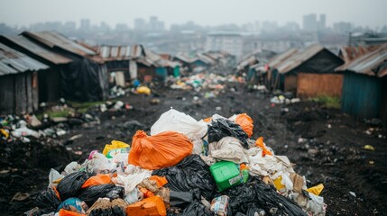 Littered area with shanty houses in background