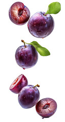 Assortment of crimson plums on a blank canvas.