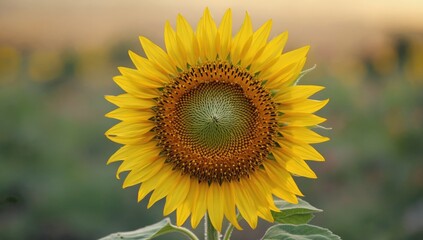 Obraz premium Close-up of a sunflower in full bloom against a blurred sunflower field, symbolizing food security, global trade, renewable resources, and sustainable agriculture