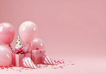 Pink birthday party background with balloons, confetti, and gift boxes arranged on a pastel pink surface, festive and celebratory. Party objects in a gift box. birthday balloon celebration