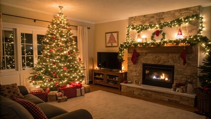 Cozy living room with Christmas decorations and festive lights, home decor, christmas decorations
