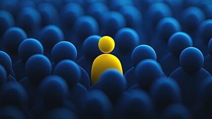 Obraz premium Concept of uniqueness--one yellow figure rising above a blue crowd, symbolizing vision.
