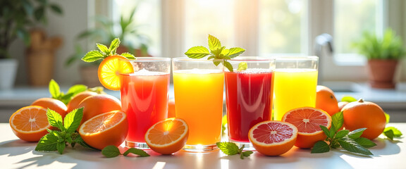 Fototapeta premium Assortment of freshly squeezed fruit juices displayed in vibrant glassware on a sunny kitchen counter, health and wellness concept.