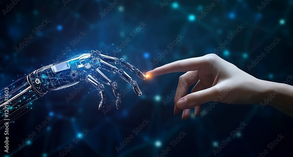 Poster a touch of innovation: a human hand reaching out to touch the metallic hand of a robot, symbolizing 