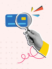 Hand with a magnifying glass look at the plastic credit card. Modern collage style. Vector illustration