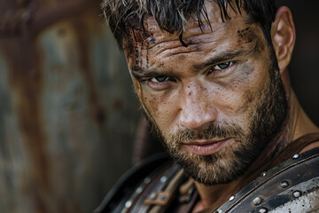 Generative AI image of a fierce ancient gladiator in battle-worn armor and helmet, inspired by Greek warriors