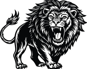 Obraz premium Majestic Lion Vector Illustration – Bold and Fierce Black and White Design. Powerful Lion Tattoo Design – Stunning Black and White Lion Art.