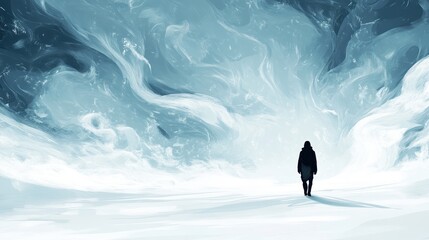 Silhouette of person walking in winter wonderland scenery