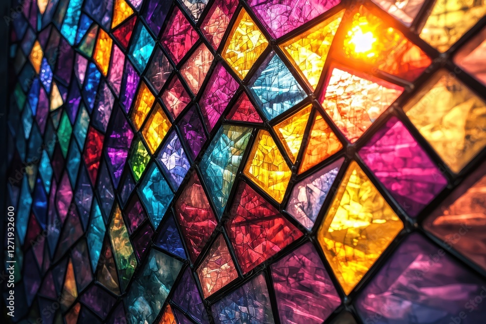 Poster a vibrant stained glass window with geometric patterns, featuring rich colors and refracting light, 