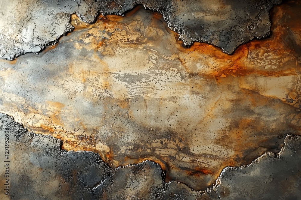 Poster abstract textured background with rust and metallic accents, creating a dramatic and industrial desi