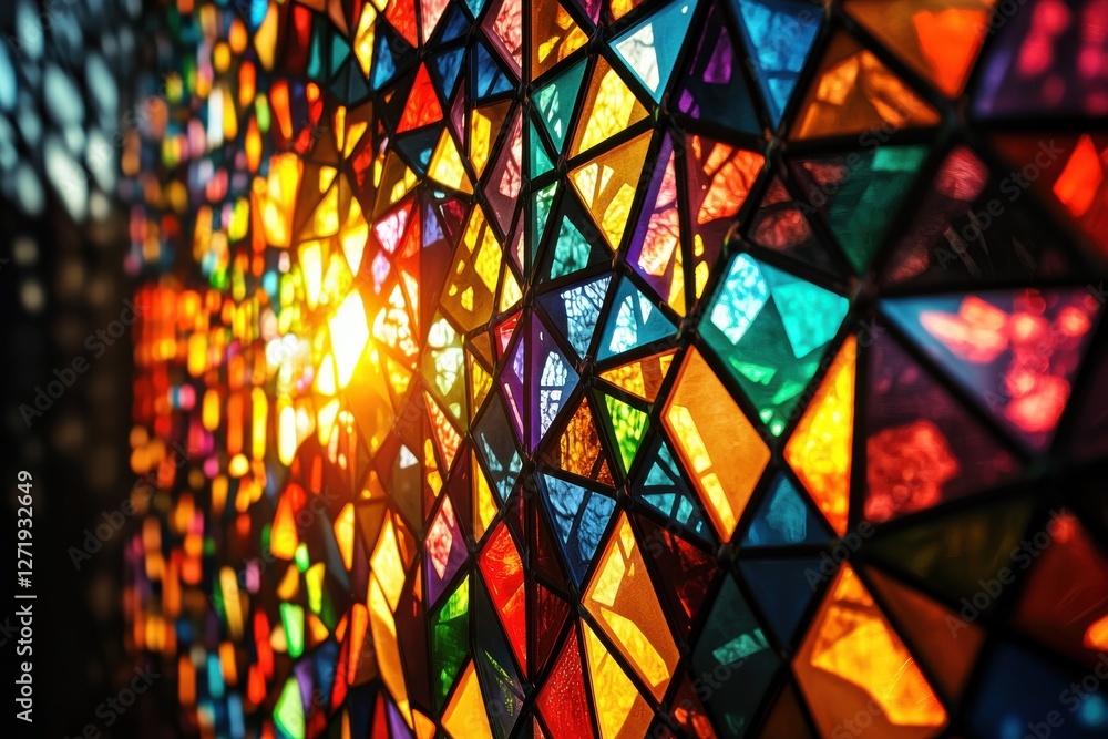 Poster a vibrant stained glass window with triangular patterns, filled with rich colors and sunlight, creat