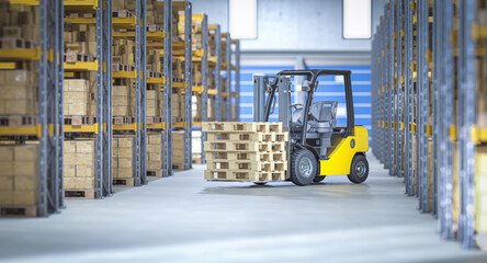 Forklift is carrying wooden pallets in a large distribution warehouse
