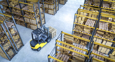 Forklift carrying wooden pallets in large distribution warehouse