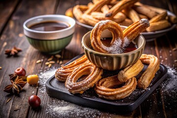 Fototapeta premium Golden Churros with Velvety Chocolate Sauce - Traditional Spanish Dessert