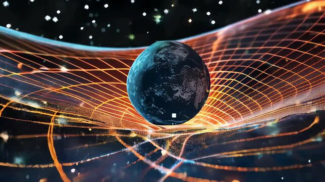 Space-time visualization: video displaying Earth at the center of curved space, with grid lines illustrating gravity effect, glowing patterns emphasizing space distortion.