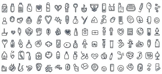 A grid of thin, simple line art icons representing different aspects and styles in medical illustration