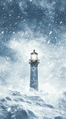 Lighthouse stands against stormy sea and snowfall illuminated by light