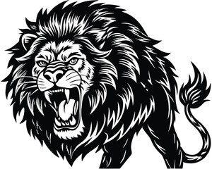 Majestic Lion Vector Illustration – Bold and Fierce Black and White Design. Powerful Lion Tattoo Design – Stunning Black and White Lion Art.
