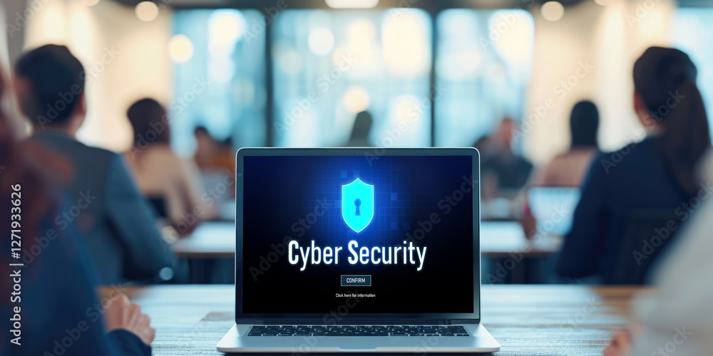 Poster cyber security system on computer screen protect private information brisk from hacker and cyber att