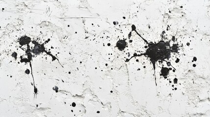 Black paint splatters create abstract design on textured white surface