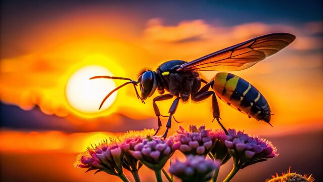 Golden Digger Wasp Silhouette on Flower Macro Close-Up