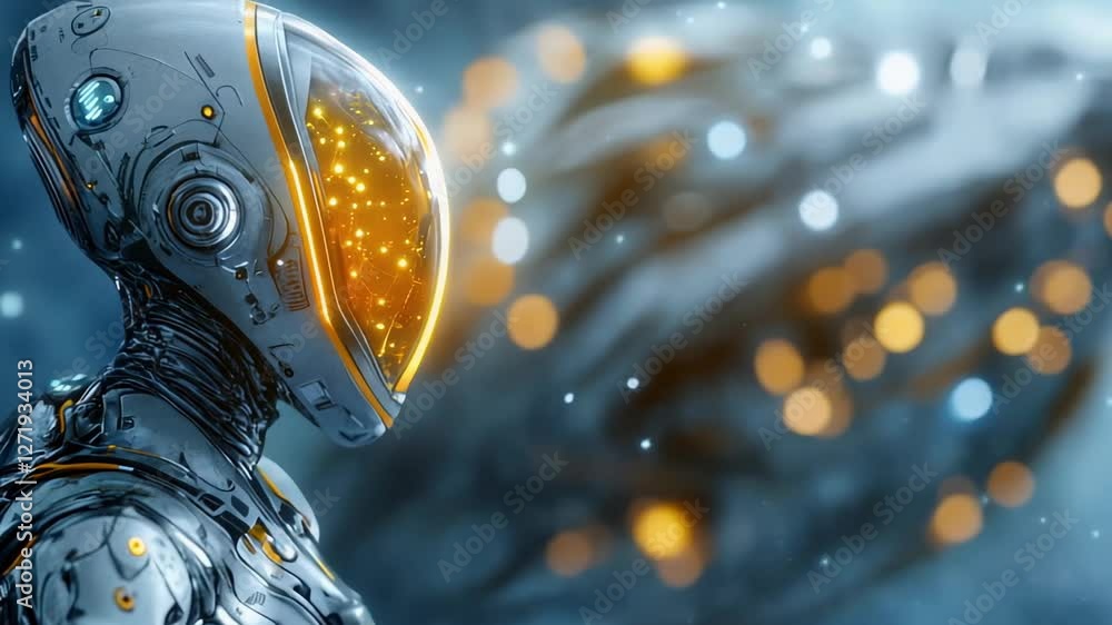 Poster futuristic robot with illuminated helmet in sci-fi setting.