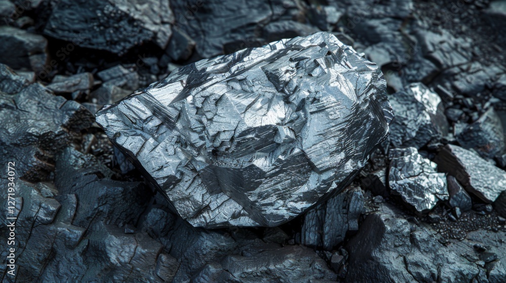 Poster a distinct mineral specimen with a shiny, crystalline surface rests on dark volcanic rock. sunlight 