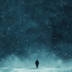 Obraz premium Silhouette of a man walks through a snowy winter landscape