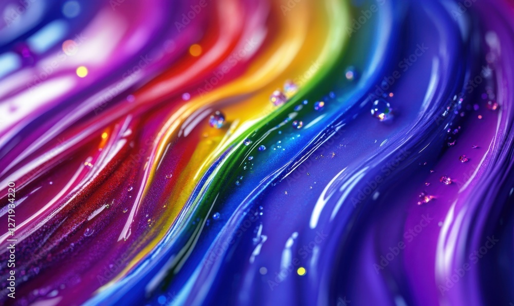 Poster vivid abstract waves of rainbow colors flowing with droplets, creating a mesmerizing visual effect
