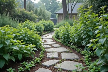 Obraz premium Serene garden pathway with lush greenery