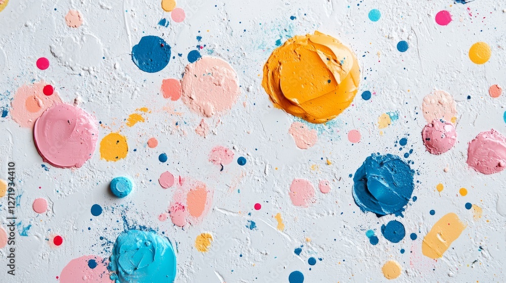 Poster colorful paint splatters and thick circular blobs on white background