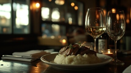 Restaurant scallops, mashed potatoes, wine, romantic dinner, city view