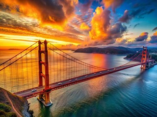 Obraz premium Golden Gate Bridge Sunset Drone Aerial View - Stunning California Landscape Photography