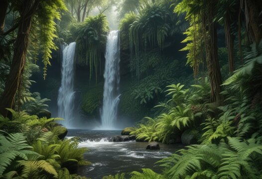 Dense thicket of tilo trees and ferns surrounding a cascading waterfall, undergrowth, vegetation