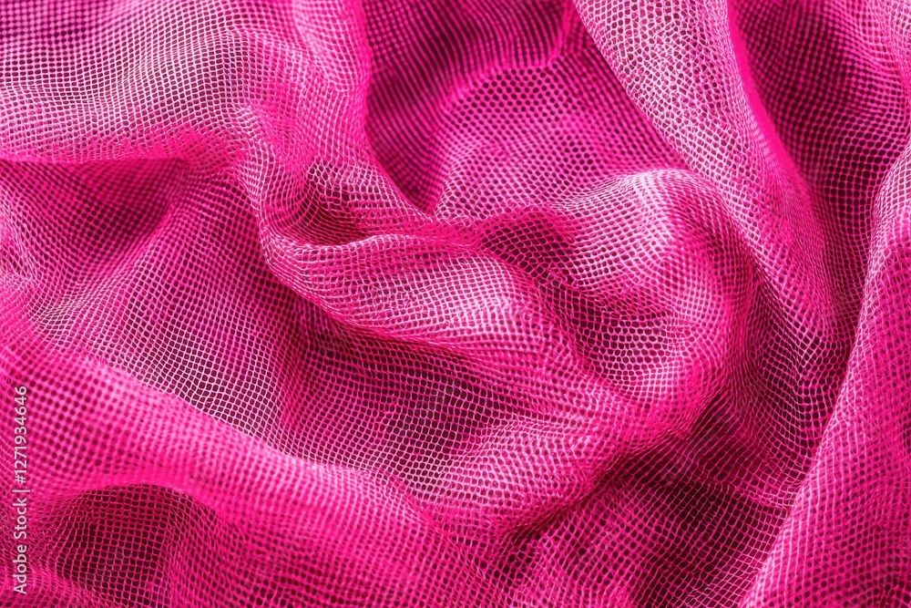 Poster a vibrant close-up of fuchsia pink netting with textured folds and a fine mesh pattern, creating a r