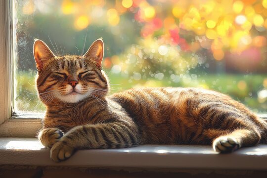 A contented tabby cat peacefully sleeps in the warm sunshine on a window sill with colorful, blurred autumn foliage providing a serene and joyful atmosphere.