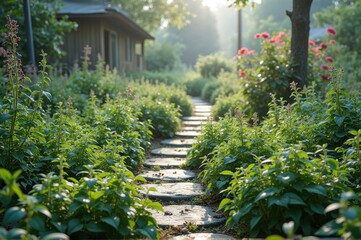Tranquil garden pathway with sunlit greenery and blooming flowers in morning