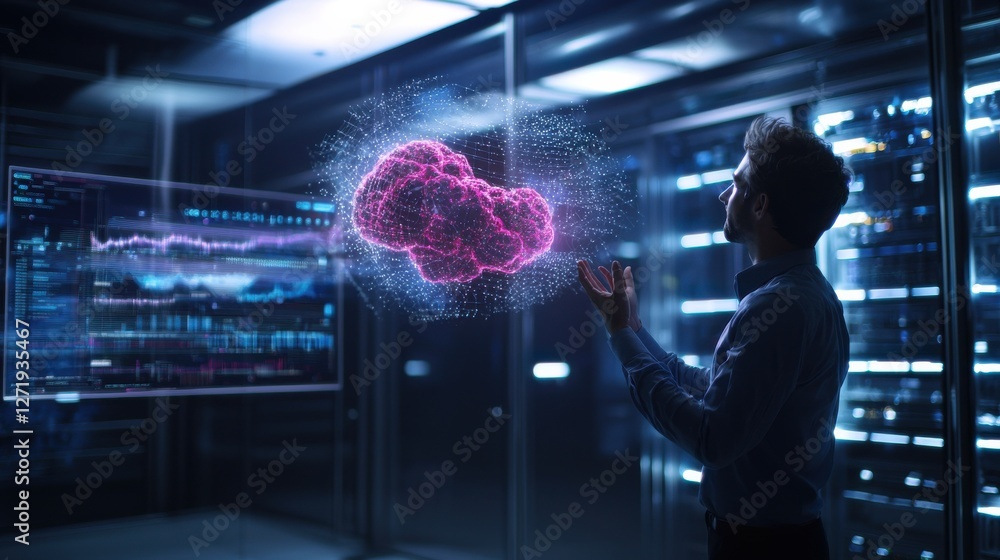 Aufkleber A man is looking at a computer screen with a pink cloud on it