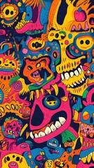 Obraz premium Colorful collage of monsters and creatures with psychedelic vibrant designs