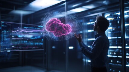 A man is looking at a computer screen with a pink cloud on it