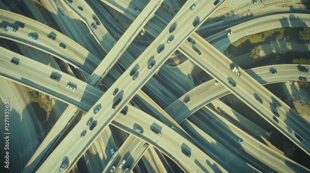 Poster Highway overpass featuring cars driving on multiple levels. Creating a complex network of roads. Captured from an aerial perspective during daylight. Showcasing urban infrastructure and traffic flow